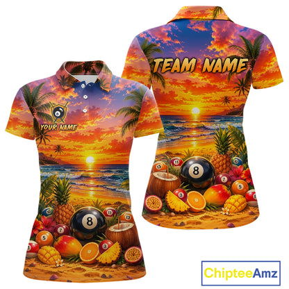 Two views of polo shirts with a tropical design featuring a sunset, palm trees, and pool balls.