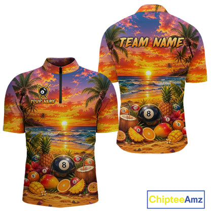 Tropical-themed shirt with sunset design, pool balls, and fruits on a white background.