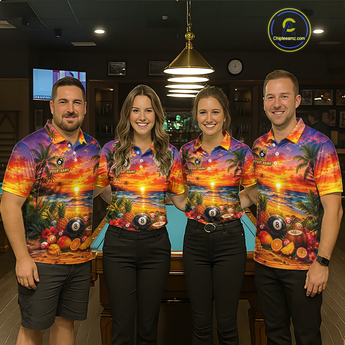 Four people wearing matching tropical sunset billiard shirts in a pool hall.
