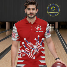 Load image into Gallery viewer, Male model wearing a custom red patriotic bowling polo shirt front view featuring American flag bowling pins, bowling ball and stars and stripes artwork at the bowling alley