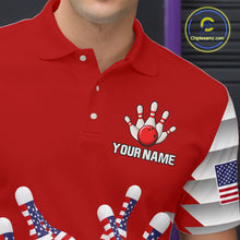 Load image into Gallery viewer, Close-up front view of a custom red patriotic bowling polo shirt showing the personalized player name, American flag bowling pins graphic and stars and stripes design