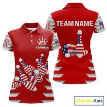 Load image into Gallery viewer, Front and back view custom red patriotic bowling polo shirt featuring American flag bowling pins, bowling ball, stars and stripes design, personalized with team name and player name