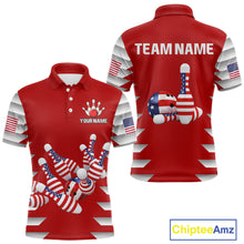 Load image into Gallery viewer, Front and back view custom red patriotic bowling polo shirt featuring American flag bowling pins, bowling ball, stars and stripes design, personalized with team name and player name