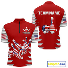 Load image into Gallery viewer, Front and back view custom red patriotic bowling quarter-zip shirt featuring American flag bowling pins, bowling ball, stars and stripes design, personalized with team name and player name