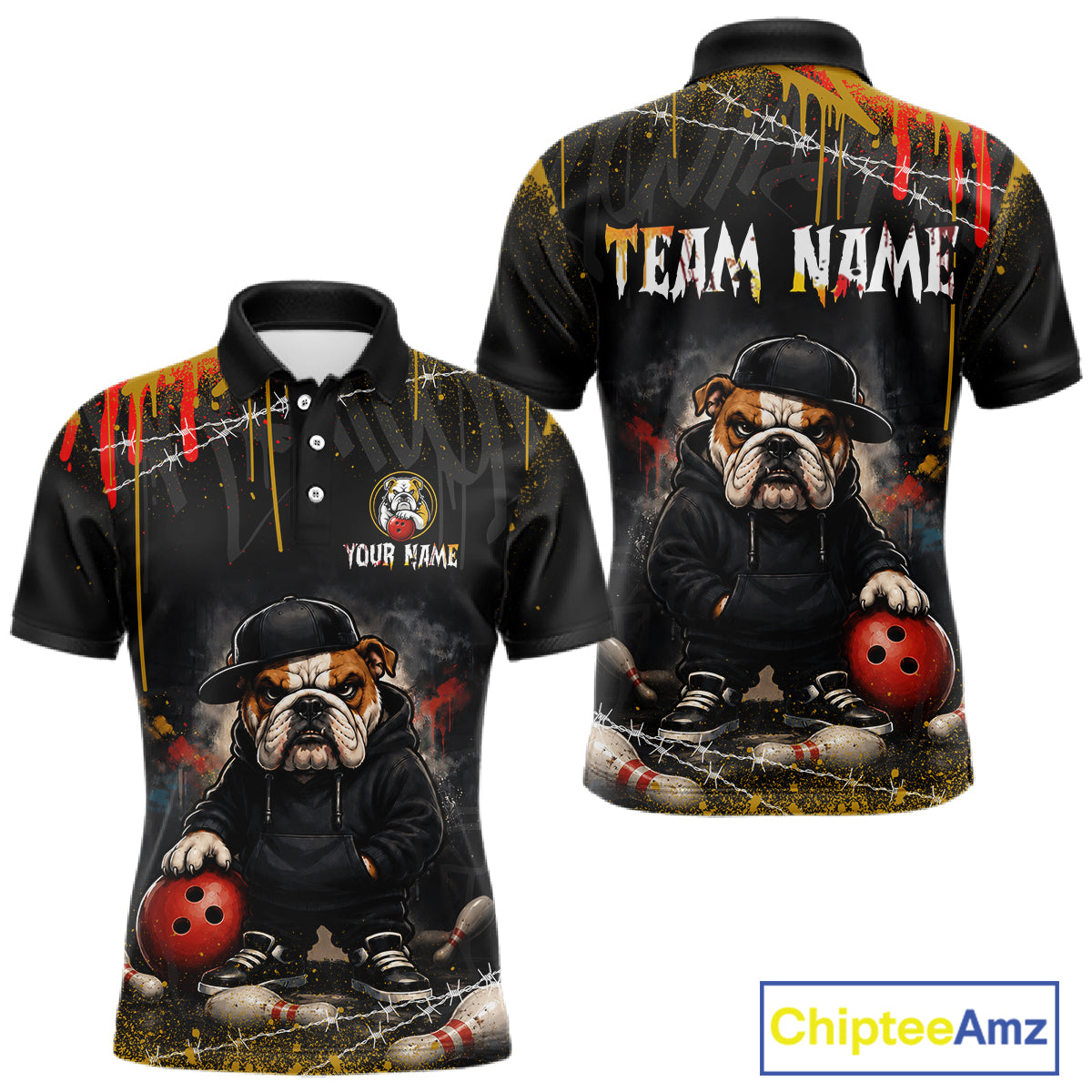 Custom black short-sleeve polo shirt shown from front and back, featuring a bulldog in a black hoodie holding a red bowling ball, with 'TEAM NAME' and 'YOUR NAME' text areas on a white background.