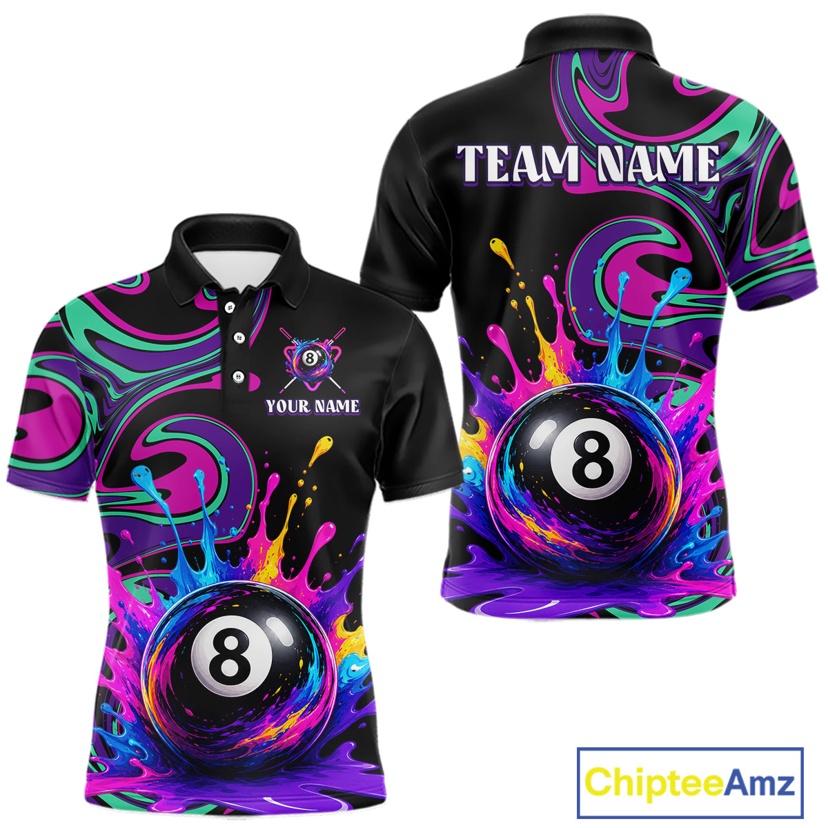 Black short-sleeve polo shirt shown from front and back with a vivid neon splatter print in purple, pink, teal, and yellow, plus a large 8-ball graphic and customizable text areas on the chest and back.
