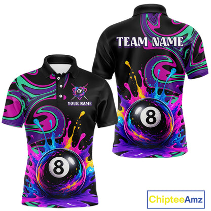Black short-sleeve polo shirt shown from front and back with a vivid neon splatter print in purple, pink, teal, and yellow, plus a large 8-ball graphic and customizable text areas on the chest and back.