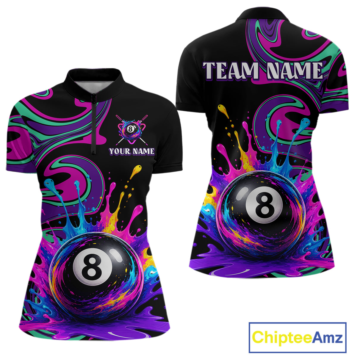 Front and back views of a women's short-sleeve polo shirt with a black base and a vibrant multicolor pool-themed print featuring a large 8-ball and paint splatter design. The shirt includes customizable text placeholders 'TEAM NAME' and 'YOUR NAME' on the chest and back.