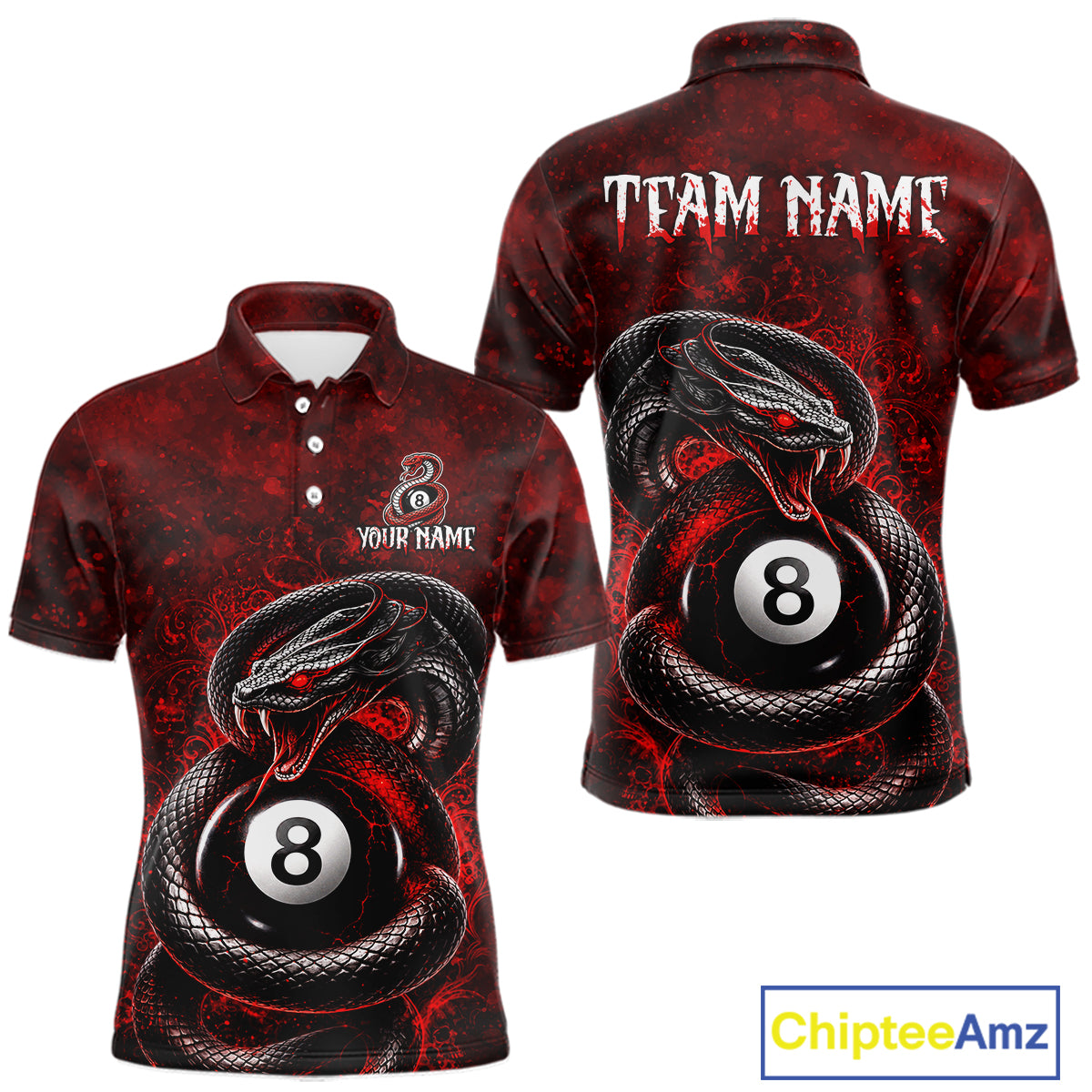 Custom short-sleeve polo shirt shown from front and back, featuring a red and black snakes wrapping around an 8-ball pool bill graphic, with placeholder text 'TEAM NAME' and 'YOUR NAME' on a white background.