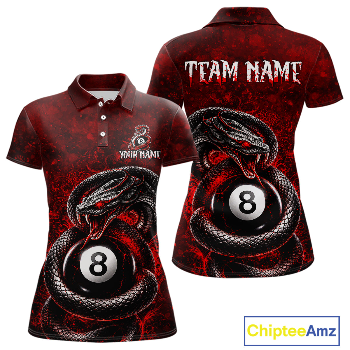 Custom short-sleeve polo shirt shown from front and back on a white background. The shirt features a red and black snakes and 8-ball pool graphic, with 'TEAM NAME' and 'YOUR NAME' placeholder text on the back and front chest respectively.