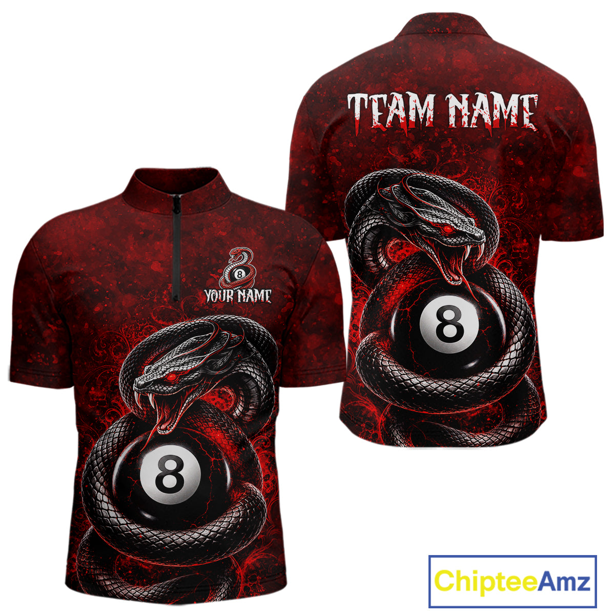Custom short-sleeve quarter-zip shirt shown from the front and back, featuring a red and black snakes wrapping around an 8-ball pool cue design, with 'TEAM NAME' and 'YOUR NAME' placeholder text on the chest and back.