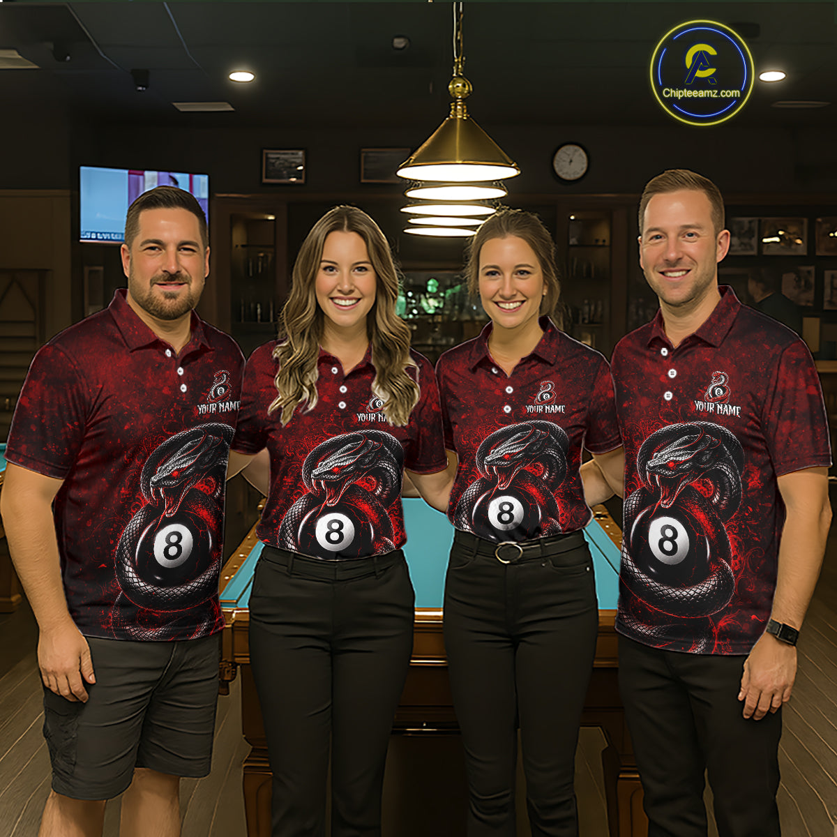 Four people standing together in a bar-like environment wearing matching dark red and black polo shirts with a large 8-ball and snake graphic on the front. The shirts also have a small white logo on the chest.