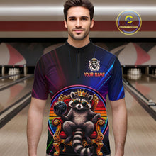 Load image into Gallery viewer, Man wearing a neon shirt with a raccoon design in a bowling alley.