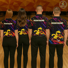 Load image into Gallery viewer, Four people standing from the back in a bowling alley, wearing matching custom bowling shirts with a colorful duck graphic and 'TEAM NAME' text on the back.