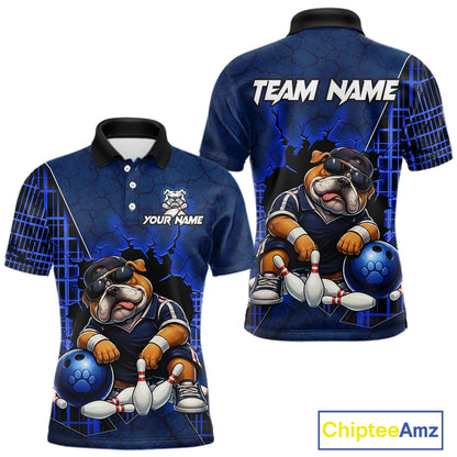 Front and back view custom blue bulldog bowling polo shirt featuring a tough cartoon mascot, bowling ball and blue grid pattern, displaying Your Name and Team Name