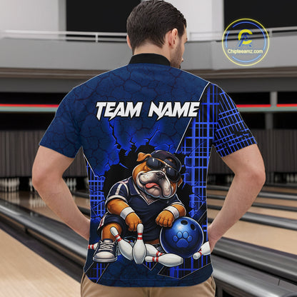 A man viewed from behind wearing a custom blue bowling-themed short-sleeve shirt with a bulldog graphic and 'TEAM NAME' text, set against a bowling alley background.