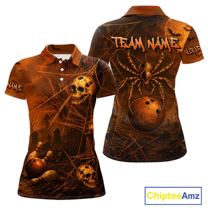 Front and back views of a short-sleeve polo shirt with a spooky Halloween theme, featuring a large spider, bowling ball, skulls, cobwebs, and tombstones in an orange-brown color palette. The back has a customizable 'TEAM NAME' text area.