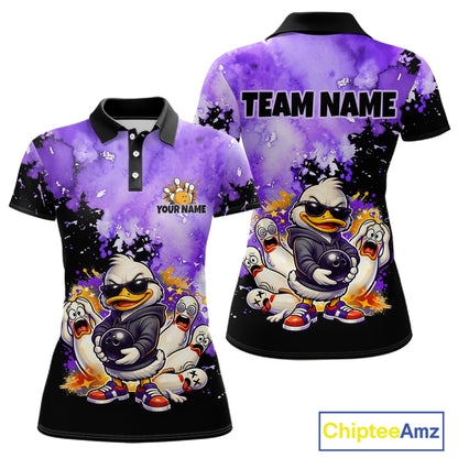 Front and back views of a short-sleeve polo shirt with a purple and black watercolor-style background, featuring cartoon ducks in sunglasses and ghost graphics, plus customizable text areas including 'TEAM NAME' and 'YOUR NAME'.