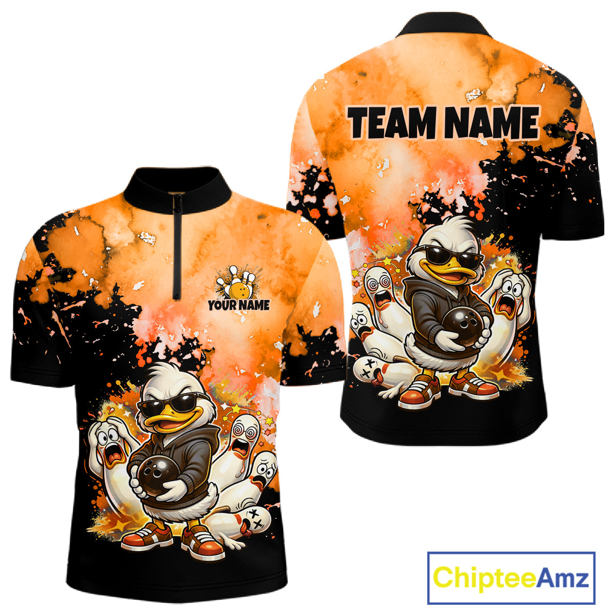 Front and back views of a short-sleeve athletic quarter-zip shirt featuring a cartoon duck mascot holding a soccer ball, with orange and black splatter graphics. The front shows placeholder text 'YOUR NAME' and 'TEAM NAME' on the back.
