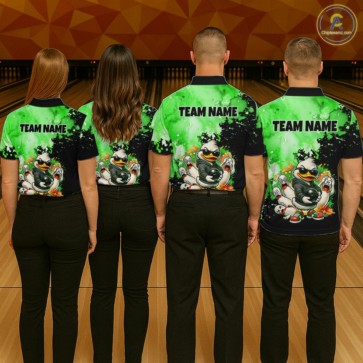 Four people standing from the back in a bowling alley, wearing matching custom bowling shirts with a bright green and black design featuring cartoon ducks and the text 'TEAM NAME'.