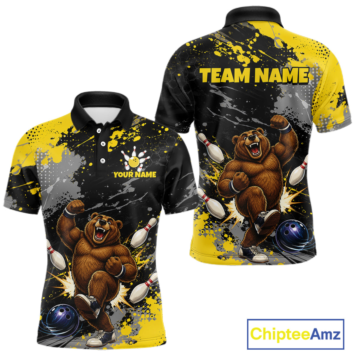 Front and back views of a short-sleeve polo shirt featuring a cartoon bear bowling design in yellow, black, and gray, with customizable text placeholders 'TEAM NAME' and 'YOUR NAME'.