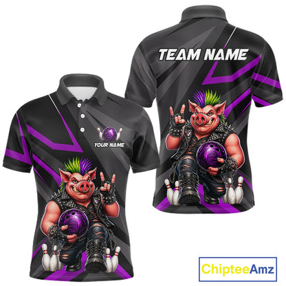 Front and back views of a black short-sleeve polo shirt with a purple and gray graphic design featuring a cartoon pig character holding a bowling ball, with customizable text areas on the chest and back.