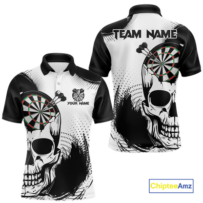 Personalized Skull Dart Shirts for Men Custom Black & White Dart Jersey Polo & Quarter-Zip Dartboard Shirt DHT24