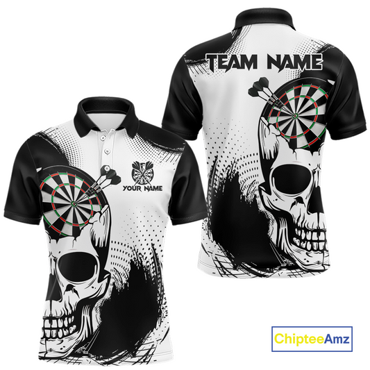 Personalized Skull Dart Shirts for Men Custom Black & White Dart Jersey Polo & Quarter-Zip Dartboard Shirt DHT24