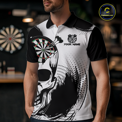 Personalized Skull Dart Shirts for Men Custom Black & White Dart Jersey Polo & Quarter-Zip Dartboard Shirt DHT24