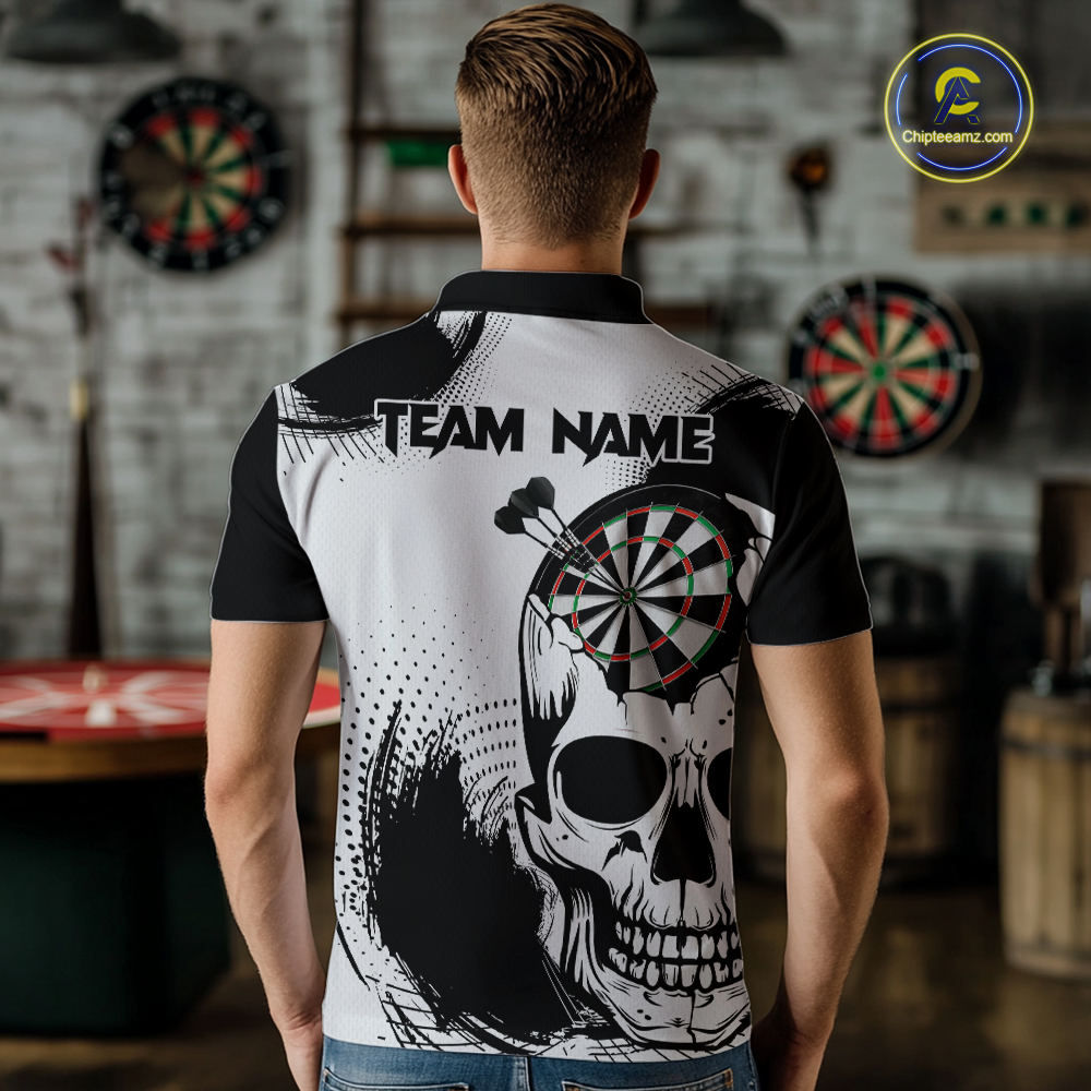 Personalized Skull Dart Shirts for Men Custom Black & White Dart Jersey Polo & Quarter-Zip Dartboard Shirt DHT24