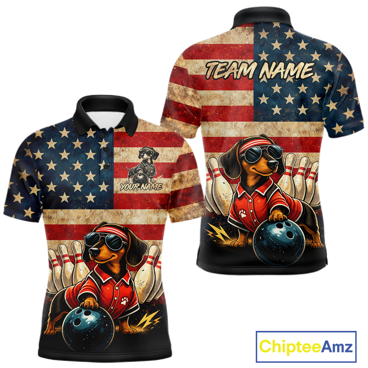 Custom American Flag Retro Dachshund Bowling Shirt Bowling Team Jersey for Men Polo & Quarter-Zip QZT942