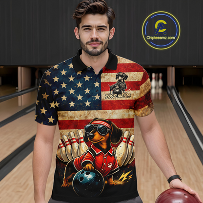 Custom American Flag Retro Dachshund Bowling Shirt Bowling Team Jersey for Men Polo & Quarter-Zip QZT942