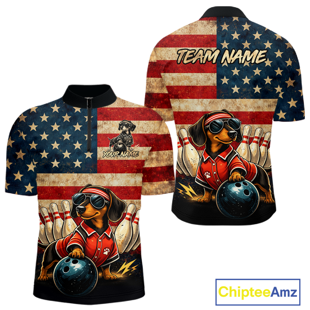Custom American Flag Retro Dachshund Bowling Shirt Bowling Team Jersey for Men Polo & Quarter-Zip QZT942