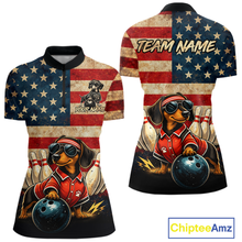 Load image into Gallery viewer, Custom American Flag Retro Dachshund Bowling Shirt Bowling Team Jersey for Women Polo &amp; Quarter-Zip QZT942