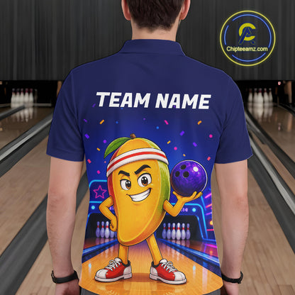 Person wearing a blue bowling shirt with a cartoon character and 'TEAM NAME' text in a bowling alley.