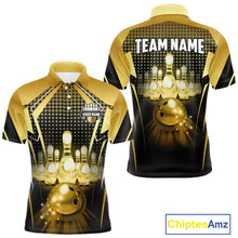 Load image into Gallery viewer, Front and back view custom black gold bowling polo shirt featuring a glowing bowling ball, illuminated bowling pins and gold geometric light beam pattern, personalized with team name and player name