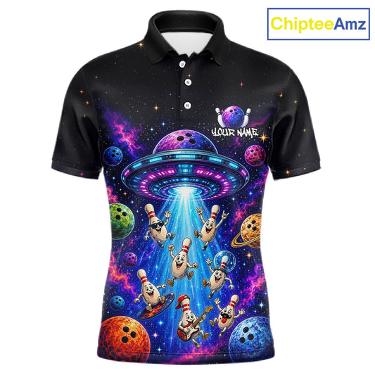 Black polo shirt with colorful alien design and 'Your Name' text, brand 'ChipteeAmz' visible.