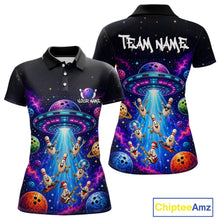 Load image into Gallery viewer, Black polo shirt with colorful UFO and alien design on front and back, featuring 'Chiptee Amz' branding.