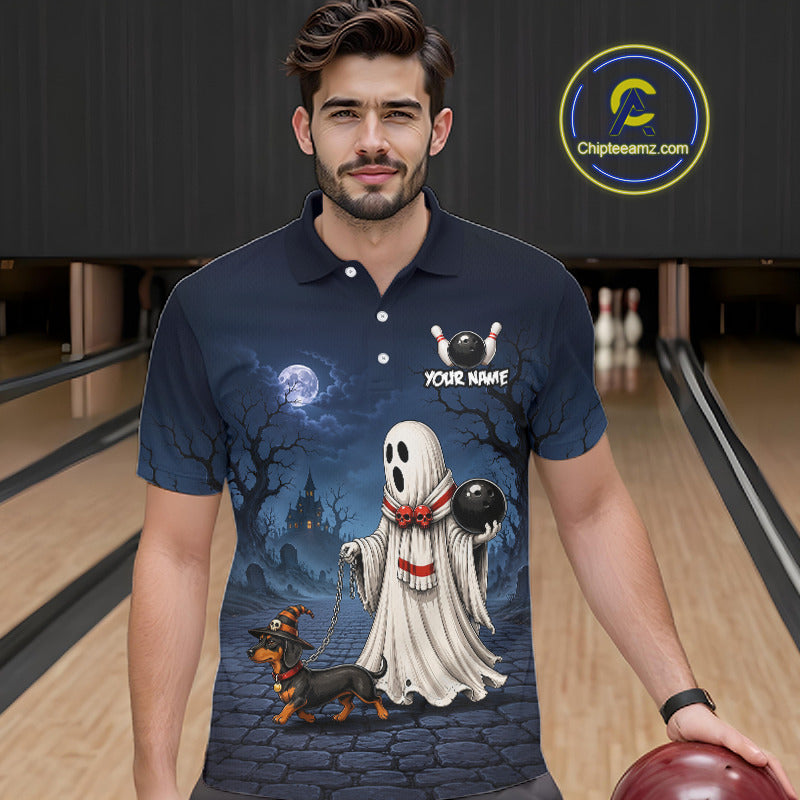 A man wearing a navy blue polo shirt with a Halloween-themed graphic print featuring a ghost, a dog, a bowling ball, and a spooky moonlit scene. The shirt has a placeholder chest graphic that reads 'YOUR NAME'.