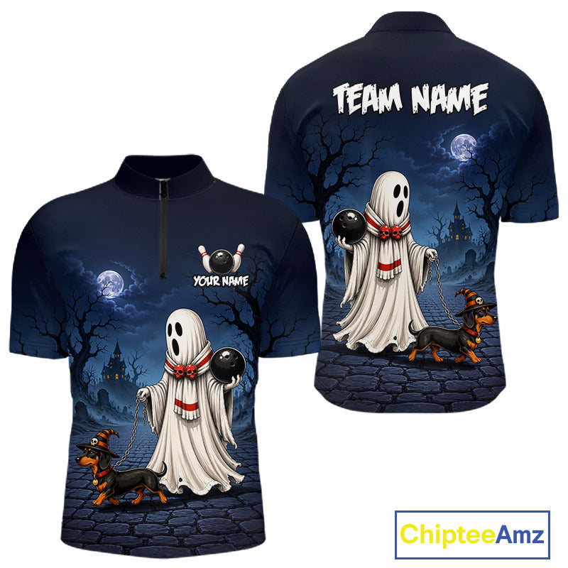 Front and back views of a dark navy blue short-sleeve polo shirt with a Halloween graphic print. The design features a ghost in a white sheet holding a black ball, a small dachshund on a leash, a haunted castle under a full moon, and customizable text fields reading 'TEAM NAME' and 'YOUR NAME'.