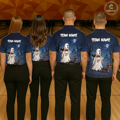 Four people standing side by side in a bowling alley, viewed from behind, wearing matching dark blue custom-printed bowling shirts with a Halloween ghost graphic and the text 'TEAM NAME'.