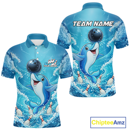 Custom Funny Dolphin Bowling Polo Shirt Blue Ocean Theme Team Jersey Bowling Outfit for Men QZT857
