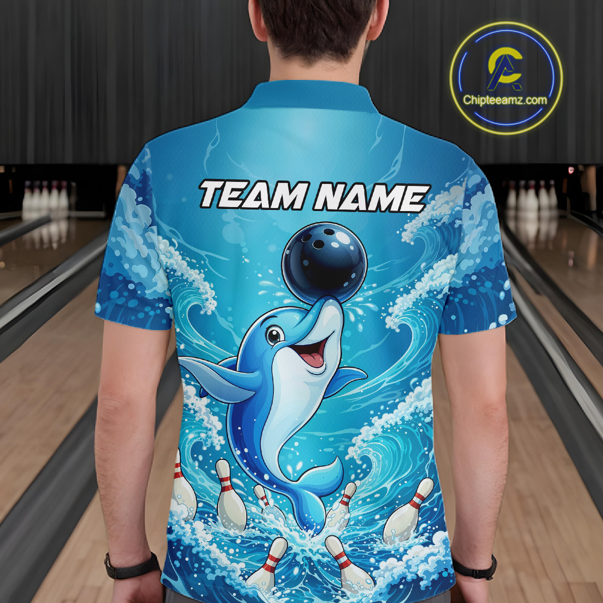 Custom Funny Dolphin Bowling Polo Shirt Blue Ocean Theme Team Jersey Bowling Outfit for Men QZT857