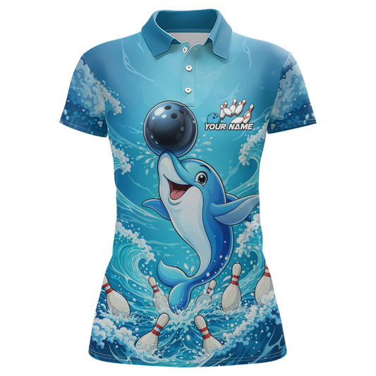 Custom Funny Dolphin Bowling Polo Shirt Blue Ocean Team Jersey Bowling Outfit for Women QZT857