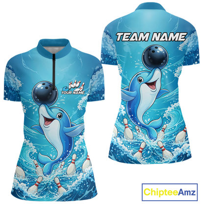 Custom Funny Dolphin Bowling Polo Shirt Blue Ocean Team Jersey Bowling Outfit for Women QZT857
