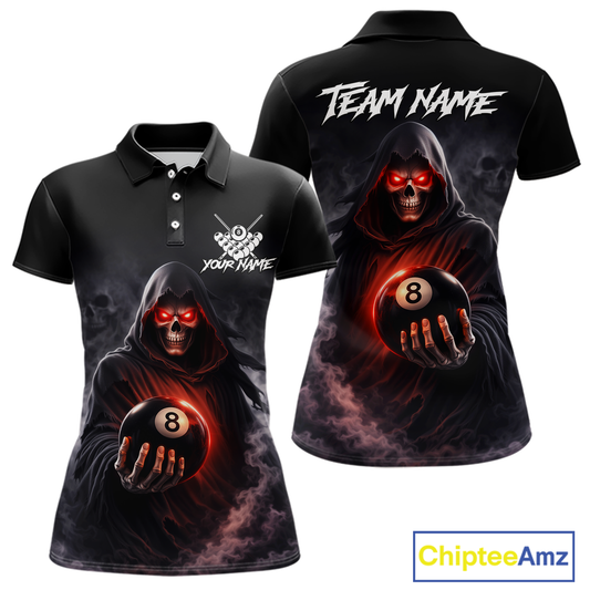 Custom Grim Reaper Billiard Shirts for Women 8 Ball Pool Shirt Polo & Quarter-Zip Billiard Jersey Unisex BHT7