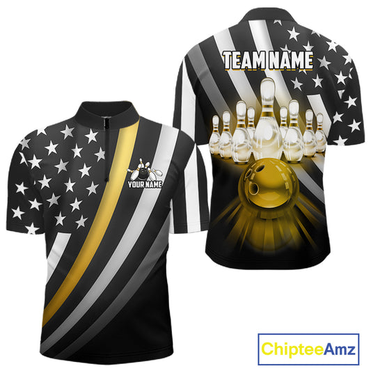Custom Gold American Flag Bowling Shirt for Women Bowling Team Jersey Bowling Outfit QZT1200