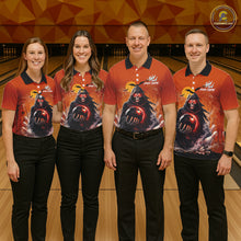 Load image into Gallery viewer, Group of four wearing custom orange grim reaper bowling shirts front view featuring hooded grim reaper artwork with glowing bowling ball, fiery smoke effect and sunset background at the bowling alley