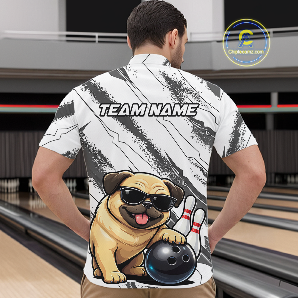 Funny Pug Dog Bowling Team Shirt for Men Custom Bowling Jersey Polo & 1/4-Zip Bowling Unisex QZT984