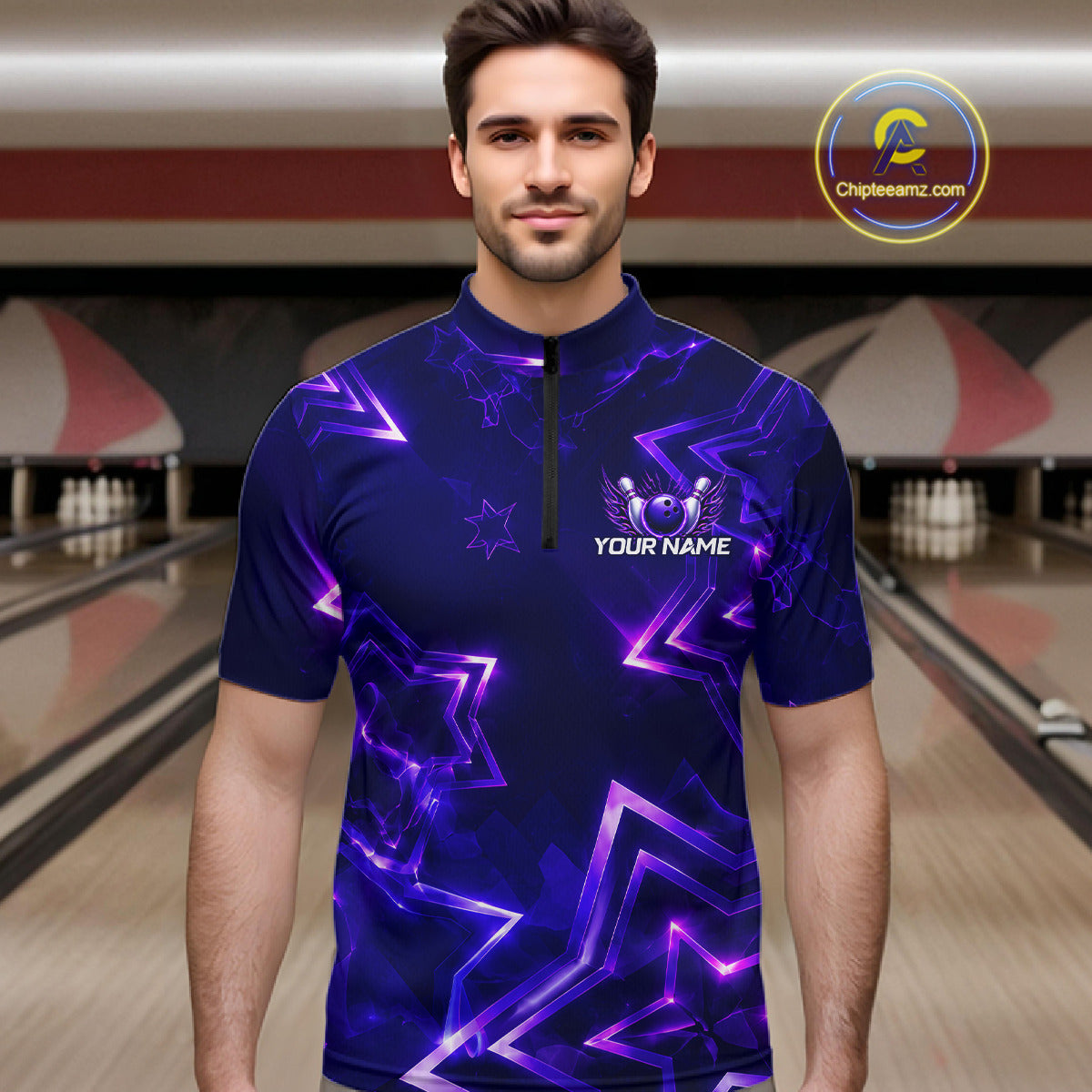 Custom Neon Purple Star Bowling Shirt for Men Bowling Jersey Polo & Quarter-Zip QZT1025